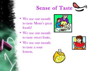 Sense of Taste
• We use our mouth
to taste Mom’s great
foods!
• We use our mouth
to taste sweet fruits.
• We use our mouth
to taste a sour
lemon.
 