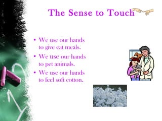 The Sense to Touch  We use our hands to give eat meals. We  use  our hands to pet animals. We use our hands to feel soft cotton. 