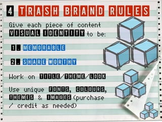 4 Trash brand rules
Give each piece of content
visual identity to be:
1. Memorable
2. Share worthy
Work on Title/Theme/Look
Use unique fonts, colours,
themes & images (purchase
/ credit as needed)
 