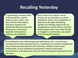 Recalling Yesterday
In psychology, memory refers
to the processes used to
acquire, store, retain, and
later retrieve information.
Voluntary memory, the
deliberate effort to remember
things past, is the binary
opposite of involuntary
memory, aka flashback.
Even if man is by nature a social
animal, we see ourselves as unique
individuals. Hence, the recollection of
experience through storytelling
satisfies our lifelong need to also be
recognized as such by others. Consider
what happens when you make friends
or engage in a community: you spend
time sharing life histories.
By recalling the past, celebrating accomplishments and—as necessary—
coming to terms with disappointments, individuals can achieve a heightened
sense of personal identity and self-continuity, notably in their social
relationships. At the confluence of voluntary memory and events,
circumstances, and experience, they can find meaning and coherence in life
and work.
 