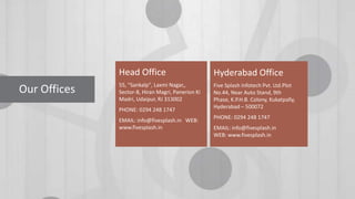 Head Office

Our Offices

Hyderabad Office

55, "Sankalp", Laxmi Nagar,,
Sector-8, Hiran Magri, Panerion Ki
Madri, Udaipur, RJ 313002

Five Splash Infotech Pvt. Ltd.Plot
No.44, Near Auto Stand, 9th
Phase, K.P.H.B. Colony, Kukatpally,
Hyderabad – 500072

PHONE: 0294 248 1747
EMAIL: info@fivesplash.in WEB:
www.fivesplash.in

PHONE: 0294 248 1747
EMAIL: info@fivesplash.in
WEB: www.fivesplash.in

 