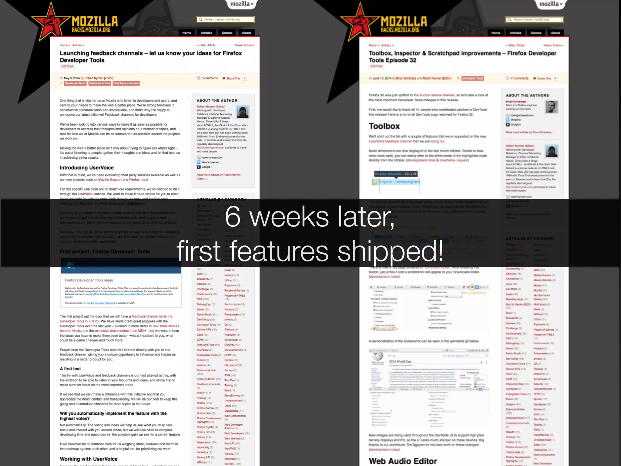 6 weeks later, 
first features shipped! 
 