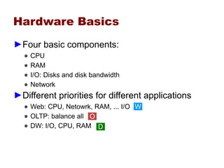 Hardware Basics
►Four basic components:
  ●   CPU
  ●   RAM
  ●   I/O: Disks and disk bandwidth
  ●   Network
►Different priorities for different applications
  ● Web: CPU, Netowrk, RAM, ... I/O W
  ● OLTP: balance all O
  ● DW: I/O, CPU, RAM D
 