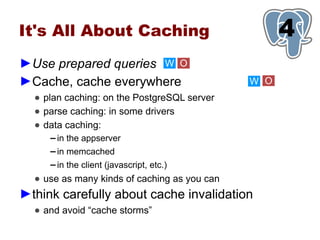 It's All About Caching                              1
                                                    4
►Use prepared queries W O
►Cache, cache everywhere                      W O
  ● plan caching: on the PostgreSQL server
  ● parse caching: in some drivers
  ● data caching:
     ▬   in the appserver
     ▬   in memcached
     ▬   in the client (javascript, etc.)
  ● use as many kinds of caching as you can
►think carefully about cache invalidation
  ● and avoid “cache storms”
 