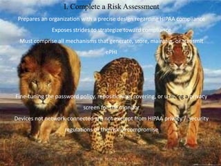 I. Complete a Risk Assessment
Prepares an organization with a precise design regarding HIPAA compliance
Exposes strides to strategize toward compliance
Must comprise all mechanisms that generate, store, maintain, or transmit
ePHI
Fine-tuning the password policy, repositioning, covering, or utilizing a privacy
screen for the monitor
Devices not network-connected are not exempt from HIPAA privacy / security
regulations or the risk of compromise
 
