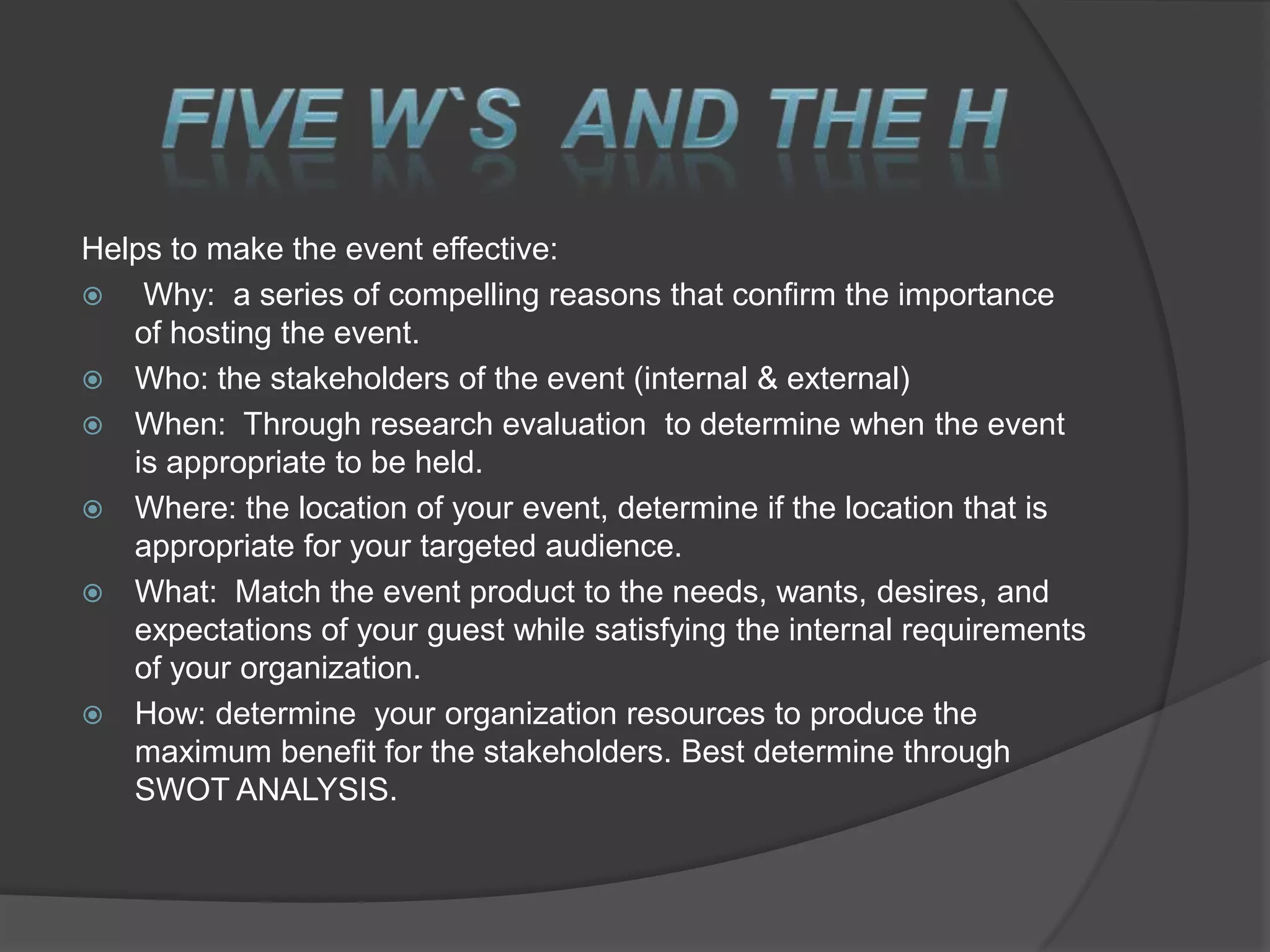   Qualitative:  to find out information beyond demographic info such as the use of    	          focus groups. Effective Pre-Event  Research Findings should :  Determine your audience & customize  your presentation to their personal          communication learning styles.   
