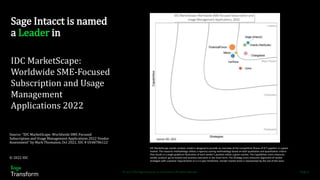 © 2022 The Sage Group plc, or its licensors. All rights reserved. Page 17
Sage Intacct is named
a Leader in
IDC MarketScape:
Worldwide SME-Focused
Subscription and Usage
Management
Applications 2022
Source: "IDC MarketScape: Worldwide SME-Focused
Subscription and Usage Management Applications 2022 Vendor
Assessment" by Mark Thomason, Oct 2022, IDC # US48786122
IDC MarketScape vendor analysis model is designed to provide an overview of the competitive fitness of ICT suppliers in a given
market. The research methodology utilizes a rigorous scoring methodology based on both qualitative and quantitative criteria
that results in a single graphical illustration of each vendor’s position within a given market. The Capabilities score measures
vendor product, go-to-market and business execution in the short-term. The Strategy score measures alignment of vendor
strategies with customer requirements in a 3-5-year timeframe. Vendor market share is represented by the size of the icons.
© 2022 IDC
 