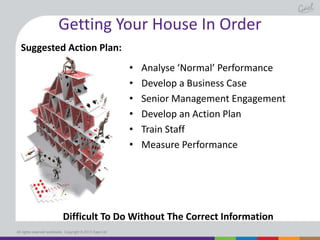 Getting Your House In Order
Suggested Action Plan:
•
•
•
•
•
•

Analyse ‘Normal’ Performance
Develop a Business Case
Senior Management Engagement
Develop an Action Plan
Train Staff
Measure Performance

Difficult To Do Without The Correct Information
All rights reserved worldwide. Copyright © 2013 Gael Ltd.

 