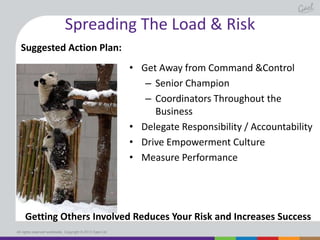 Spreading The Load & Risk
Suggested Action Plan:
• Get Away from Command &Control
– Senior Champion
– Coordinators Throughout the
Business
• Delegate Responsibility / Accountability
• Drive Empowerment Culture
• Measure Performance

Getting Others Involved Reduces Your Risk and Increases Success
All rights reserved worldwide. Copyright © 2013 Gael Ltd.

 