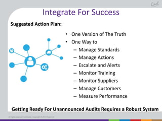 Integrate For Success
Suggested Action Plan:
• One Version of The Truth
• One Way to
– Manage Standards
– Manage Actions
– Escalate and Alerts
– Monitor Training
– Monitor Suppliers
– Manage Customers
– Measure Performance
Getting Ready For Unannounced Audits Requires a Robust System
All rights reserved worldwide. Copyright © 2013 Gael Ltd.

 