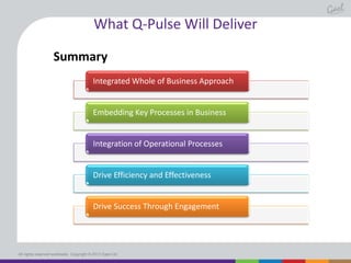 What Q-Pulse Will Deliver
Summary
Integrated Whole of Business Approach

Embedding Key Processes in Business

Integration of Operational Processes

Drive Efficiency and Effectiveness

Drive Success Through Engagement

All rights reserved worldwide. Copyright © 2013 Gael Ltd.

 