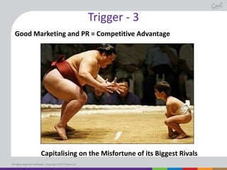 Trigger - 3
Good Marketing and PR = Competitive Advantage

Capitalising on the Misfortune of its Biggest Rivals
All rights reserved worldwide. Copyright © 2013 Gael Ltd.

 