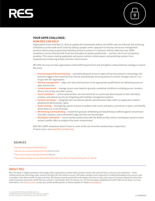 © Copyright 2016 RES Software. All Rights Reserved.
All other trademarks are the properties of their respective companies.
RES ONE is a trademark of Real Enterprise Solutions Nederland B.V.
ABOUT RES
v 1.0 08/24/16
RES, the leader in digital workspace technology, helps organizations achieve better business results with reduced risks in security and compliance — while
making enterprise technology easier and less disruptive for the worker to access. RES takes a people-centric approach to making technology access secure, even
in complex multi-device/multi-location scenarios. RES boasts numerous patented technologies, fast time to value, and superior customer support for more than
2,500 companies around the world. RES was named a “Cool Vendor 2015” by Gartner, Inc., for the innovative capabilities of its RES ONE Service Store. For more
information, visit www.res.com, contact your preferred RES partner, or follow updates on Twitter @ressoftware.
SOURCES
ⁱ http://eur-lex.europa.eu/eli/reg/2016/679/oj
ⁱⁱ http://eur-lex.europa.eu/eli/reg/2016/679/oj, Articles 83  84
ⁱⁱⁱ http://eur-lex.europa.eu/eli/reg/2016/679/oj, Article 82
ⁱᵛ http://media.techtarget.com/Syndication/NATIONALS/Data_Loss_Risks_During_Downsizing_Feb_23_2009.pdf
YOUR GDPR CHALLENGE:
HOW RES CAN HELP
Organizations have until May 25, 2018, to update their frameworks before new GDPR rules are enforced. But achieving
compliance can be made much easier by taking a people-centric approach to security and access management
practices. By focusing on governing individual access to systems in a dynamic and less obtrusive way, GDPR
compliance can be achieved with much less disruption to worker productivity — and less risk of non-compliance
penalties. This means making application and access controls context-aware, and protecting workers from
inadvertently introducing threats into their environments.
RES ONE Security can help organizations meet GDPR requirements and strengthen a data protection strategy in several
key areas:
•	 Provisioning and de-provisioning — automatically grant access to apps and services based on technology and
business triggers; then avoid security risks by automatically removing access if a worker changes roles or is no
longer with the organization.
•	 Identity management — align user roles and functions to the appropriate qualifications for delivering access to
apps and services.
•	 Context awareness — manage access rules based on granular contextual conditions including person, location,
device, time of day and other criteria.
•	 Device lockdown — control what workers can and cannot do on a particular device based on their individual
contexts, and extend security by integrating with mobility management systems.
•	 Dynamic privileges — designate who can execute specific administrative tasks within an application without
granting full administrator rights.
•	 Audit tracking — leverage log reports to prove to auditors that access and policy controls are in place, and identify
where data is or is not accessed.
•	 Whitelisting and blacklisting — implement granular whitelisting and blacklisting to defend against ransomware
and other malware, and control which apps and files can be executed.
•	 Workspace restoration — ensure worker productivity with the ability to fully restore a workspace, based on each
worker’s profile, after an endpoint has been compromised.
With RES, GDPR compliance doesn’t have to come at the cost of worker productivity or experience.
To learn more, visit www.RES.com/Security.
 