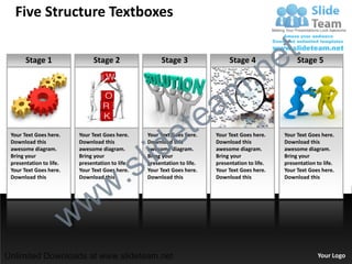 Five Structure Textboxes


                                                                                                   e t
                                                                                   .n
       Stage 1                  Stage 2                 Stage 3                 Stage 4                 Stage 5




                                                                   a             m
                                                               e te
                                                      id
 Your Text Goes here.     Your Text Goes here.     Your Text Goes here.    Your Text Goes here.    Your Text Goes here.




                                                    l
 Download this            Download this            Download this           Download this           Download this
 awesome diagram.         awesome diagram.         awesome diagram.        awesome diagram.        awesome diagram.




                                       .          s
 Bring your               Bring your               Bring your              Bring your              Bring your
 presentation to life.    presentation to life.    presentation to life.   presentation to life.   presentation to life.
 Your Text Goes here.     Your Text Goes here.     Your Text Goes here.    Your Text Goes here.    Your Text Goes here.



                                     w
 Download this            Download this            Download this           Download this           Download this




                         w w
Unlimited Downloads at www.slideteam.net                                                                         Your Logo
 
