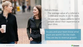 ©2019 All Rights Reserved17
Did you know…
• The average value of a referral is
$1000 and results in 10.75 visits
• On average, happy patients tell 8
people about their experience at
your clinic
Do you and your team know what
yours are worth? Do the math.
They are key to revenue growth.
 