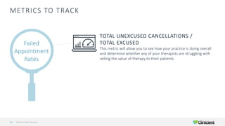 METRICS TO TRACK
©2019 All Rights Reserved29
Failed
Appointment
Rates
TOTAL UNEXCUSED CANCELLATIONS /
TOTAL EXCUSED
This metric will allow you to see how your practice is doing overall
and determine whether any of your therapists are struggling with
selling the value of therapy to their patients.
 