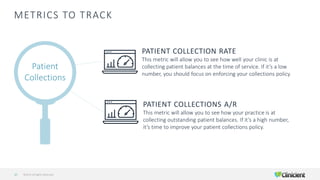 METRICS TO TRACK
©2019 All Rights Reserved37
Patient
Collections
PATIENT COLLECTION RATE
This metric will allow you to see how well your clinic is at
collecting patient balances at the time of service. If it’s a low
number, you should focus on enforcing your collections policy.
PATIENT COLLECTIONS A/R
This metric will allow you to see how your practice is at
collecting outstanding patient balances. If it’s a high number,
it’s time to improve your patient collections policy.
 