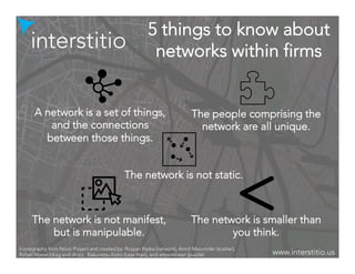 5 things to know about
networks within firms
A network is a set of things,
and the connections
between those things.
The people comprising the
network are all unique.
The network is not manifest,
but is manipulable.
The network is not static.
The network is smaller than
you think.
www.interstitio.us
Iconography from Noun Project and created by: Royyan Razka (network), Amrit Mazumder (scatter),
Rafaël Massé (drag and drop), Bakunetsu Kaito (Less than), and artworkbean (puzzle).
 
