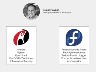 Major Hayden
Principal Architect at Rackspace
Fedora Security Team
Package maintainer
Fedora Planet blogger
Former board member
Ambassador
Ansible
Python
OpenStack
Xen/KVM/Containers
Information Security
 