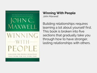 Winning With People
John Maxwell
Building relationships requires
learning a lot about yourself first.
This book is broken into five
sections that gradually take you
through how to have stronger,
lasting relationships with others.
 