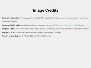 Image Credits
Bank safe on title slide: By Alvesgaspar (Own work) [CC BY-SA 4.0 (http://creativecommons.org/licenses/by-sa/4.0)], via
Wikimedia Commons
Honduran TIGRES soldiers: United States Special Operations Command (Flickr: https://flic.kr/p/qweJtn, CC-BY 2.0)
Longhorn cattle: Evelyn Simak [CC BY-SA 2.0 (http://creativecommons.org/licenses/by-sa/2.0)], via Wikimedia Commons
NORAD: By NORAD (government website) [Public domain], via Wikimedia Commons
Iterative process diagram: By Aflafla1 [CC0], via Wikimedia Commons
 