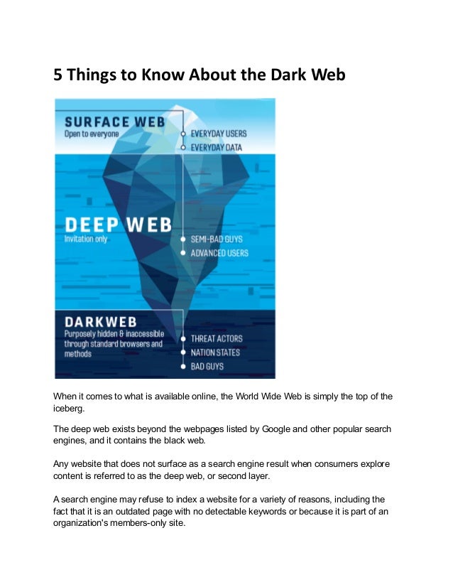 5 Things to Know About the Dark Web
When it comes to what is available online, the World Wide Web is simply the top of the
iceberg.
The deep web exists beyond the webpages listed by Google and other popular search
engines, and it contains the black web.
Any website that does not surface as a search engine result when consumers explore
content is referred to as the deep web, or second layer.
A search engine may refuse to index a website for a variety of reasons, including the
fact that it is an outdated page with no detectable keywords or because it is part of an
organization's members-only site.
 