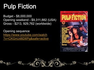 Budget - $8,000,000 
Opening weekend - $9,311,882 (USA) 
Gross - $213, 929,762 (worldwide) 
Opening sequence 
https://www.youtube.com/watch 
?v=CKGnUd6D6Pg&safe=active 
 