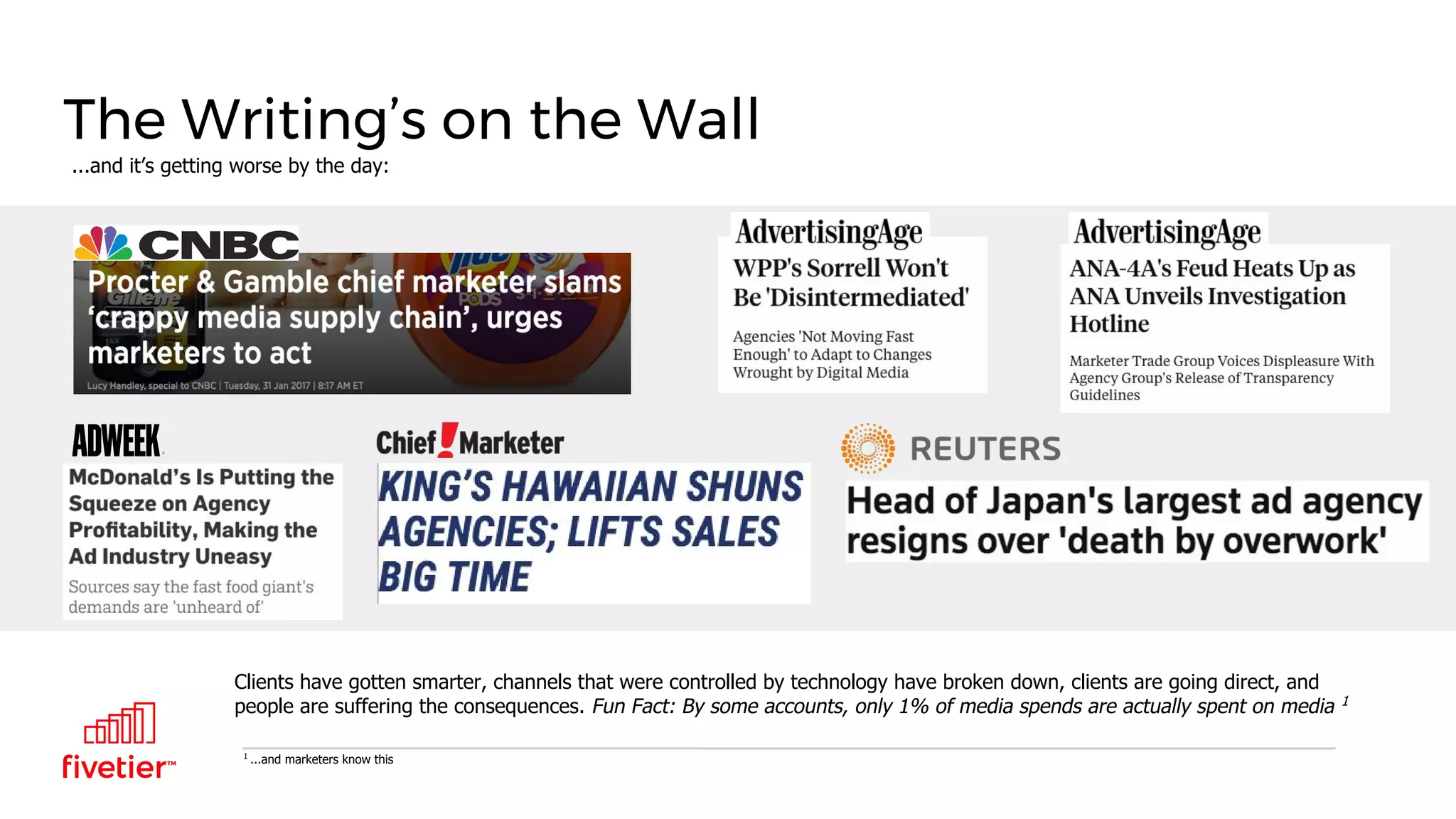 The Writing’s on the Wall
...and it’s getting worse by the day:
Clients have gotten smarter, channels that were controlled by technology have broken down, clients are going direct, and
people are suffering the consequences. Fun Fact: By some accounts, only 1% of media spends are actually spent on media 1
1
...and marketers know this
 