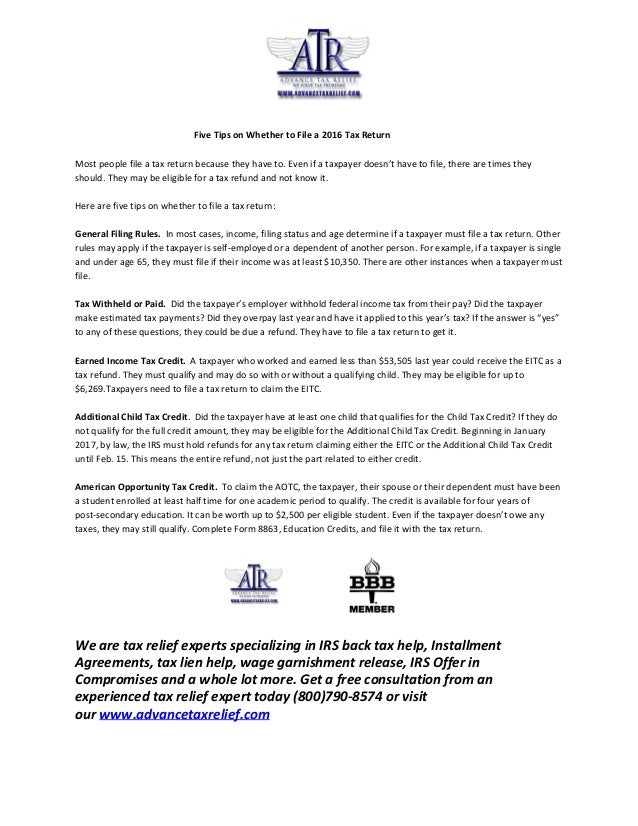 Five Tips On Whether To File A Tax Return Advance Tax Relief