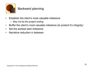 Backward planning
• Establish the client’s most valuable milestone
– May not be the project ending
• Buffer the client’s most valuable milestone (to protect it’s integrity)
• Set the earliest start milestone
• Narrative reduction in between
15
Copyright 2017 John Goodpasture All Rights Reserved
 