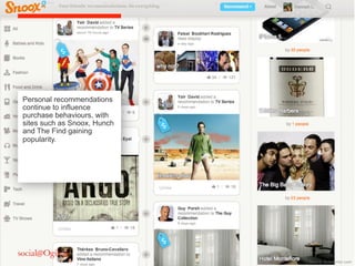 Personal recommendations
continue to influence
purchase behaviours, with
sites such as Snoox, Hunch
and The Find gaining
popularity.




                             Source:	
 Kickstarter.com	
 
 