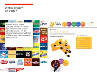 Who’s already
on-trend?



Brands with a higher
purpose related to health
and wellness will win in
2013 because 74% of
consumers believe wellness
will be (even)more important
in the future
 