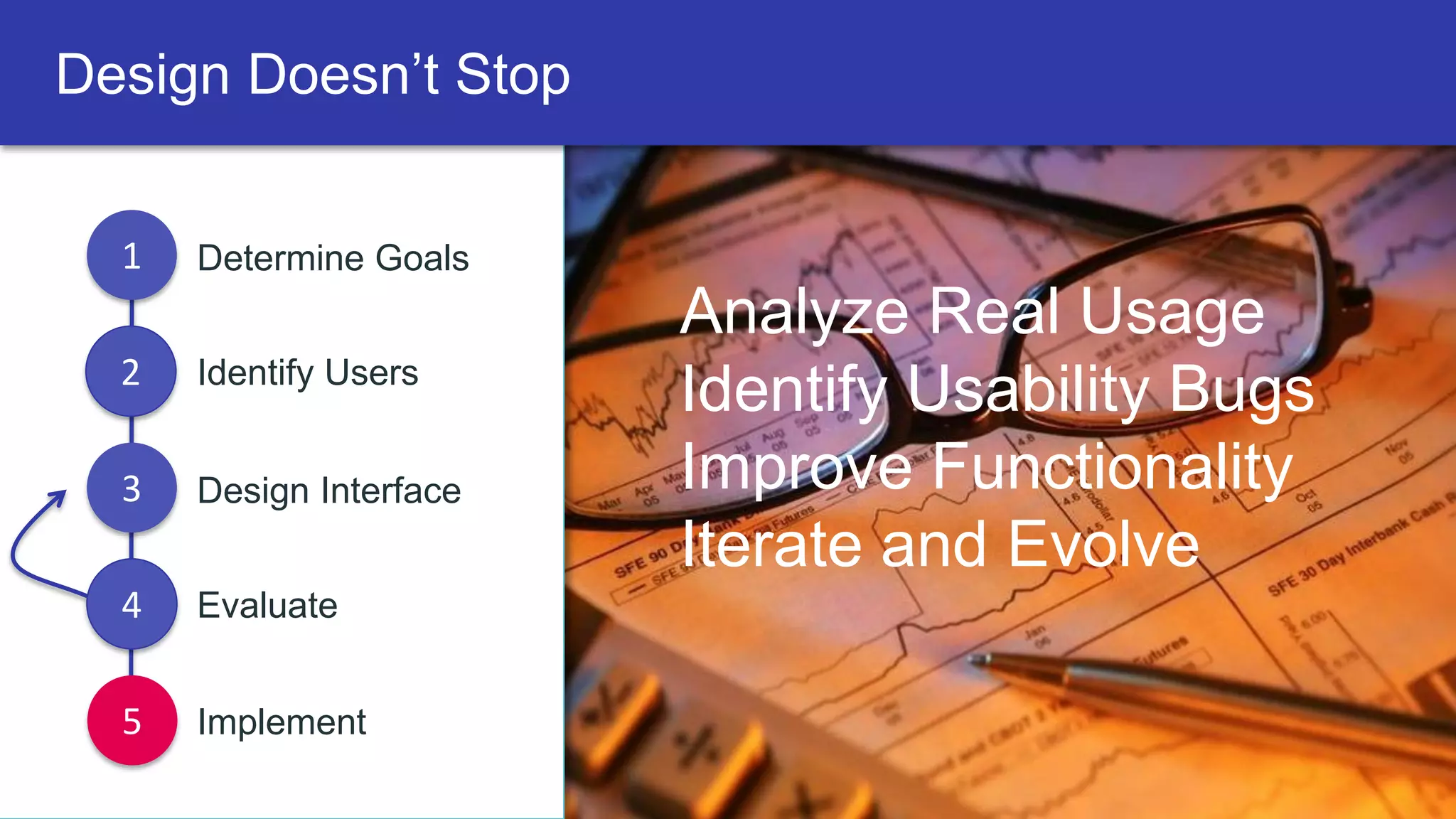 Design Doesn’t Stop
1 Determine Goals
2 Identify Users
3 Design Interface
4 Evaluate
5 Implement
Analyze Real Usage
Identify Usability Bugs
Improve Functionality
Iterate and Evolve
 