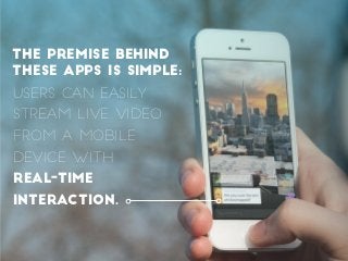 Users can easily
stream live video
from a mobile
device with
real-time
interaction.
The premise behind
these apps is simpl...