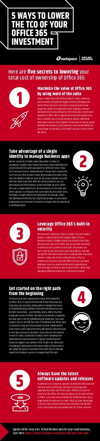 5 WAYS TO LOWER
THE TCO OF YOUR
OFFICE 365
INVESTMENT
Maximize the value of Office 365
by using more of the suite
Using a single Microsoft Office product is good. However,
your company will gain the biggest ROI by leveraging the
entire Office 365 suite. Instead of using separate email
programs, project management tools, booking software
and word processing software, these tools (plus more) work
together in Office 365 to significantly increase productivity.
Also, it enables you to avoid having to pay for additional
third-party services like Dropbox for Business or Box by using
OneDrive for Business, and expensive services like WebEx by
using Skype for Business, all of which are part of most Office
365 plans.
Here are five secrets to lowering your
total cost of ownership of Office 365:
5
4
3
2
1
Spend a little. Save a lot. To find the best plan for your small business,
start here: https://www.rackspace.com/office-365/pick-your-plan
Take advantage of a single
identity to manage business apps
We are creatures of habit, especially when it comes to
passwords. Studies have shown that most online identities are
protected with the same password for different sites. If one
site’s account store is compromised, it means that a bad actor
can try to use that account name and password on other sites
that the identity might be used on. By using multiple accounts
with the same name and with the same password, you are
decreasing the effectiveness of the intended security. Office
365 uses a single identity for all the products in the suite and
offers options to integrate that same identity with other sites.
Providing a single identity for employees to manage makes
the likelihood of identity loss significantly lower. It also makes
employees less resistant to having to change their passwords on
a scheduled basis.
Get started on the right path
from the beginning
To ensure that your organization reaps all the benefits
of Office 365, it’s important that the initial setup and any
migrations go smoothly. Being able to manage the issues
or troubleshooting problems that will inevitably arise can
be time consuming — and thereby costly. Add to that the
evergreen nature of Office 365 with its hundreds of updates
per year and it can be challenging and expensive. You need
support, but as an SMB, full-time IT employees are often hard
to come by. If you are lucky enough to have a dedicated IT
staff, there is the reality that they will need to take personal
or sick days and go on vacations. Also, they are not experts
in every IT topic, especially in today’s ever-changing tech
landscape. By using external IT support like Rackspace’s
Fanatical Support, you spend a little to get a lot. Keep your
IT employees dedicated to the other needs of the business
and allow Rackspace to provide them with the on-demand
expertise to deliver success in supporting Office 365.
Always have the latest
software updates and releases
In addition to its frequent updates to the Office 365 platform
and new service offerings, Microsoft is also regularly
updating the client-side Office Suite. Offered as a part of
several of the Office 365 SKUs, an always up-to-date version
of Office is not only more efficient for administrators, but a
huge benefit to end users as well. They can take advantage
of all the latest advancements plus eliminate the upfront
costs of licensing and any update fees for future versions.
Leverage Office 365’s built-in
security
Securing your company’s data is a high, if not the highest,
priority. CompTIA found that roughly eight in 10 U.S.
businesses place a higher priority on security than they
did two years ago. With Office 365, you already have best-
in-breed security options in the suite. This means you
don’t need to buy third-party security products, thereby
saving the time and money that is involved with managing
vendors. Today, two-factor authentication (TFA) is a
standard for security, and with Office 365 you can avoid
additional costs by using the Microsoft Authenticator,
text message, or email as your second factor rather than
spending additional money on a third-party vendor.
YOUR CLOUDS.
OUR EXPERTISE.
 