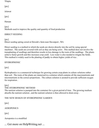 Tilapia
[pic]
Jelawat
[pic]
Haruan
[pic]
Methods used to improve the quality and quantity of food production
DIRECT SEEDING
[pic]
Direct seeding spring cereal at Dewald s farm near Davenport , WA
Direct seeding is a method in which the seeds are shown directly into the soil by using special
machines . The seeds are covered with soil as they are being sown . This method does not involve the
transplanting of seedlings and therefore results in less damage to the roots of the seedlings . The plants
achieve faster growth and this increases crop yield . Less water is also needed to irrigate the fields .
This method is widely used in the planting of paddy to obtain higher yields of rice .
HYDROPHONIC
[pic]
Hydrophonics is a commercial technique for growing certain crop plants in culture solutions rather
than soil . The roots of the plants are immersed in a solution which contains all the macronutrients and
micronutrients in the correct proportions . The culture solution is aerated to provide sufficient oxygen
for respiration .
[pic]
THE HYDROPHONIC METHOD
The nutrient solution is pumped into the container for a given period of time . The growing medium
absorbs the nutrient solution , and the nutrient solution is then allowed to drain away .
THE NEW DESIGN OF HYDROPHONIC GARDEN
[pic]
AEROPONICS
[pic]
Aeroponics is a modified
... Get more on HelpWriting.net ...
 