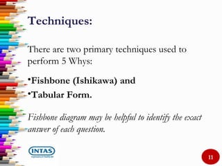 Techniques:
There are two primary techniques used to
perform 5 Whys:
•Fishbone (Ishikawa) and
•Tabular Form.
Fishbone diagram may be helpful to identify the exact
answer of each question.
11
 