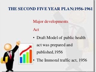 THE SECOND FIVE YEAR PLAN(1956-1961
Major developments
Act
• Draft Model of public health
act was prepared and
published,1956
• The Immoral traffic act, 1956
 