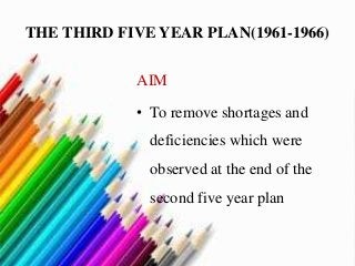 THE THIRD FIVE YEAR PLAN(1961-1966)
AIM
• To remove shortages and
deficiencies which were
observed at the end of the
second five year plan
 