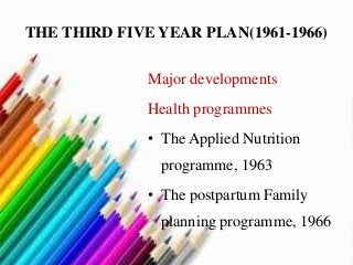 THE THIRD FIVE YEAR PLAN(1961-1966)
Major developments
Health programmes
• The Applied Nutrition
programme, 1963
• The postpartum Family
planning programme, 1966
 