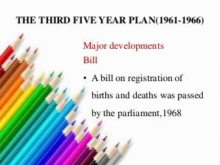 THE THIRD FIVE YEAR PLAN(1961-1966)
Major developments
Bill
• A bill on registration of
births and deaths was passed
by the parliament,1968
 