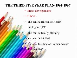 THE THIRD FIVE YEAR PLAN(1961-1966)
• Major developments
• Others
• The central Bureau of Health
Intelligence,1961
• The central family planning
institute,Delhi,1962
• National Institute of Communicable
diseases,1963
 