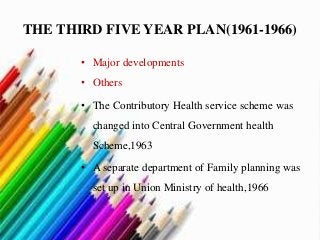 THE THIRD FIVE YEAR PLAN(1961-1966)
• Major developments
• Others
• The Contributory Health service scheme was
changed into Central Government health
Scheme,1963
• A separate department of Family planning was
set up in Union Ministry of health,1966
 