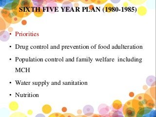 SIXTH FIVE YEAR PLAN (1980-1985)
• Priorities
• Drug control and prevention of food adulteration
• Population control and family welfare including
MCH
• Water supply and sanitation
• Nutrition
 