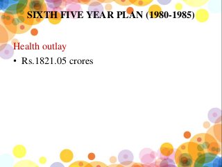 SIXTH FIVE YEAR PLAN (1980-1985)
Health outlay
• Rs.1821.05 crores
 