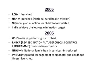• RCH- ll launched
• NRHM launched (National rural health mission)
• National plan of action for children formulated
• India achieve the leprosy elimination target
• WHO release pediatric growth chart
• RNTCP (REVISED NATIONAL TUBERCULOSIS CONTROL
PROGRAMME) covers whole country.
• NFHS –ll( National family health services) introduced.
• IMNCI (integrated Management of Neonatal and childhood
illness) launched.
 