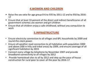  Raise the sex ratio for age group 0-6 to 935 by 2011-12 and to 950 by 2016-
17
 Ensure that at least 33 percent of the direct and indirect beneficiaries of all
government schemes are women and girl children
 Ensure that all children enjoy a safe childhood, without any compulsion to
work
• Ensure electricity connection to all villages and BPL households by 2009 and
round-the-clock power.
• Ensure all-weather road connection to all habitation with population 1000
and above (500 in hilly and tribal areas) by 2009, and ensure coverage of all
significant habitation by 2015
• Connect every village by telephone by November 2007 and provide
broadband connectivity to all villages by 2012
• Provide homestead sites to all by 2012 and step up the pace of house
construction for rural poor to cover all the poor by 2016-17
 