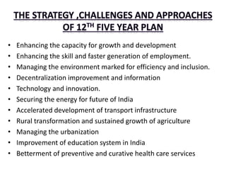 • Enhancing the capacity for growth and development
• Enhancing the skill and faster generation of employment.
• Managing the environment marked for efficiency and inclusion.
• Decentralization improvement and information
• Technology and innovation.
• Securing the energy for future of India
• Accelerated development of transport infrastructure
• Rural transformation and sustained growth of agriculture
• Managing the urbanization
• Improvement of education system in India
• Betterment of preventive and curative health care services
 
