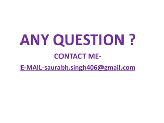 ANY QUESTION ?
CONTACT ME-
E-MAIL-saurabh.singh406@gmail.com
 