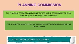 THE PLANNING COMMISSION IS AN INSTITUTION IN THE GOVERNMENT OF INDIA
WHICH FORMULATES INDIA’S FIVE YEAR PLANS
SET UP ON 15TH MARCH 1950, WITH PRIME MINISTER JAWAHARLAL NEHRU AS
THE CHAIRMAN
 